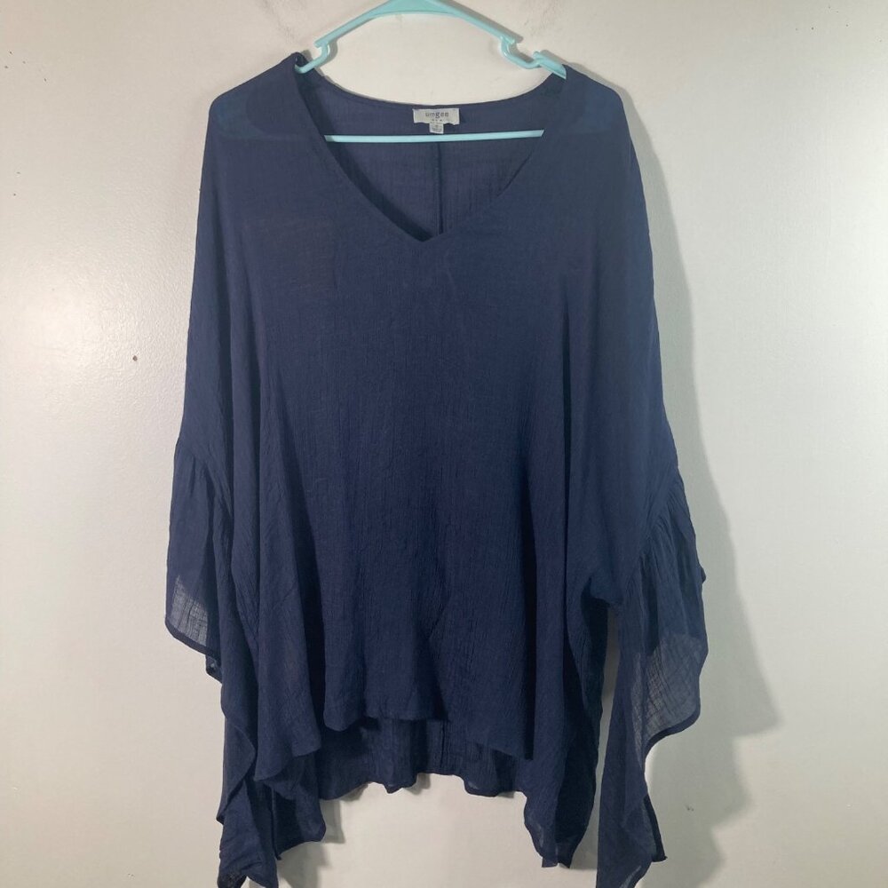 Womens Umgee V Neck Tunic Butterfly Sleeve Navy S Rayon Nylon Light Weight